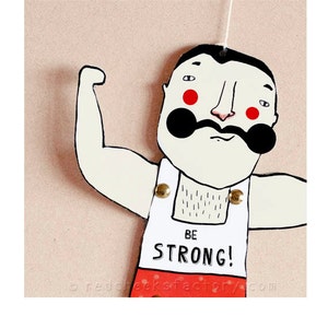 DIY Muscle Man Paper Doll - DIY postcard - paper puppet - strong man - moustache - power greeting card - circus postcard
