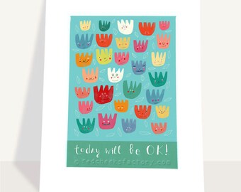 mini-poster 'happy tulips' - A4 poster - bloemenillustraties - digitale print - quote - vandaag zal OK zijn - inspiratie - happy art