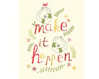 yoga mini poster - make it happen - A4 poster - yoga illustratie - yoga tekening - positieve offerte - mini-poster - digitale print