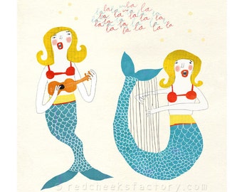 giclee print - singing mermaids - art print - nautical illustration -  wall art - sea - musical print - twins - fairy tale