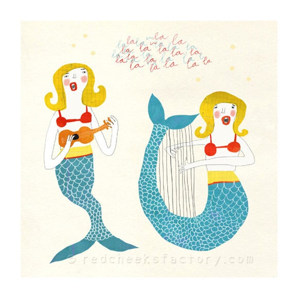 giclee print - singing mermaids - art print - nautical illustration -  wall art - sea - musical print - twins - fairy tale