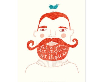 miniposter 'Let it grow' - A4 poster - handlettered baard illustratie - digitale print - snor en baard - grafische kunst - mini poster