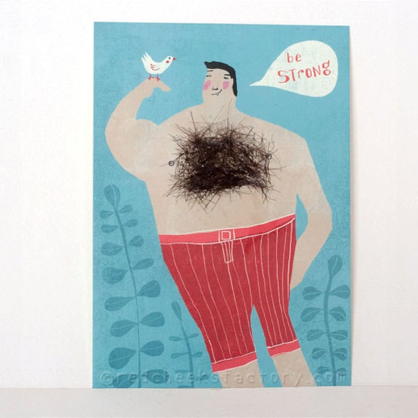 postcard Handsome Herbert -  with real chesthair! - special greeting card - Macho postcard - strong man - bird - hair