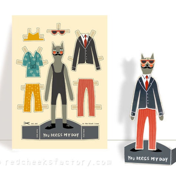 DIY cut out and dress paper cat Ralph  - paper doll - cat card - paper puppet - dress doll - retro cat