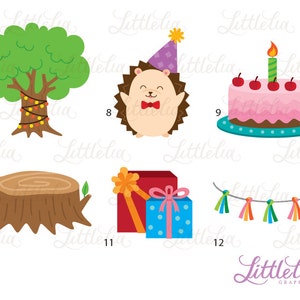 K&ouml;nnte beinhalten: Ein Set mit zehn digitalen Clipart-Bildern mit Geburtstagsparty-Motiven. Die Bilder beinhalten einen Baum mit Lichtern, einen Igel mit einer Partym&uuml;tze, einen Kuchen mit Kerzen und Kirschen, einen Baumstumpf, eine Geschenkbox und eine bunte Girlande.