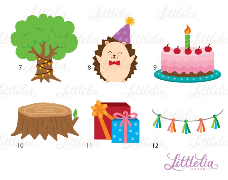 K&ouml;nnte beinhalten: Ein Set mit zehn digitalen Clipart-Bildern mit Geburtstagsparty-Motiven. Die Bilder beinhalten einen Baum mit Lichtern, einen Igel mit einer Partym&uuml;tze, einen Kuchen mit Kerzen und Kirschen, einen Baumstumpf, eine Geschenkbox und eine bunte Girlande.