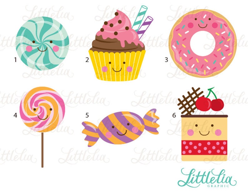 May include: A set of ten colorful cartoon illustrations of various sweets and treats, including a cupcake, lollipop, donut, candy, and cake. Each illustration features a smiling face.