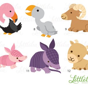 Peut inclure: Un ensemble de 10 illustrations d'animaux de dessin anim&eacute; color&eacute;s. Les animaux comprennent un flamant rose, un oiseau gris, un b&eacute;lier brun, un tatou rose, un tatou violet et un veau brun. Les illustrations sont parfaites pour une utilisation dans les livres pour enfants, les supports &eacute;ducatifs ou l'artisanat.