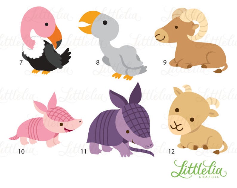 Peut inclure: Un ensemble de 10 illustrations d'animaux de dessin anim&eacute; color&eacute;s. Les animaux comprennent un flamant rose, un oiseau gris, un b&eacute;lier brun, un tatou rose, un tatou violet et un veau brun. Les illustrations sont parfaites pour une utilisation dans les livres pour enfants, les supports &eacute;ducatifs ou l'artisanat.
