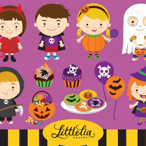 Può includere: Illustrazioni a tema Halloween con bambini in costume, cupcakes, biscotti, palloncini e un secchio di caramelle a forma di zucca. I personaggi includono un diavolo, un vampiro, una zucca, un fantasma, la morte e una strega. Lo sfondo è viola.