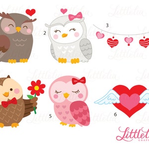 Pu&ograve; includere: Set di dieci immagini clipart digitali a tema San Valentino con gufi, cuori e fiori. I gufi sono di vari colori, tra cui marrone, grigio, rosa e bianco. I cuori sono rossi e rosa. I fiori sono rossi. Le immagini sono perfette per creare biglietti di San Valentino, inviti e altri lavoretti.