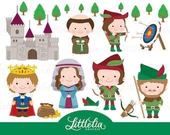May include: A set of colourful cartoon illustrations featuring a king, a queen, a monk, a Robin Hood character, and a castle. The illustrations are perfect for creating a whimsical and charming scene.