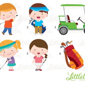 Puede incluir: Un conjunto de seis ilustraciones de dibujos animados coloridos con un tema de golf. Las ilustraciones incluyen un golfista balanceando un palo, un golfista llevando una bolsa de palos, un carrito de golf, un golfista poniendo, un golfista sosteniendo un palo y una bolsa de palos de golf.
