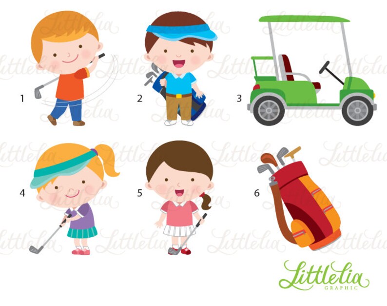 Puede incluir: Un conjunto de seis ilustraciones de dibujos animados coloridos con un tema de golf. Las ilustraciones incluyen un golfista balanceando un palo, un golfista llevando una bolsa de palos, un carrito de golf, un golfista poniendo, un golfista sosteniendo un palo y una bolsa de palos de golf.