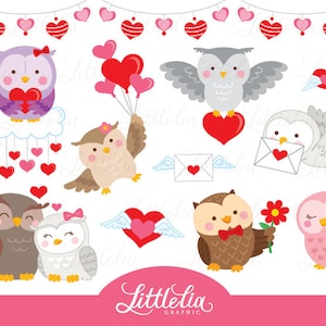 Pu&ograve; includere: Un set di 10 immagini clipart di San Valentino con gufi in varie pose. I gufi tengono cuori, fiori e lettere. C'&egrave; anche uno striscione di cuori nella parte superiore dell'immagine.