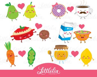 May include: A set of 10 cartoon food illustrations with hearts. The food includes a pear, doughnut, coffee cup, milk carton, spaghetti, cookie, cereal bowl, carrot, pea pod, and lemon. Each food item has a smiling face and is holding a heart.