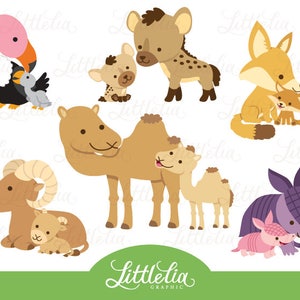Peut inclure: Un ensemble de 10 illustrations d'animaux mignons repr&eacute;sentant un chameau, une hy&egrave;ne, un renard, un vautour, un b&eacute;lier, un tatou et leurs b&eacute;b&eacute;s. Les animaux sont tous de style cartoon et ont des couleurs vives.