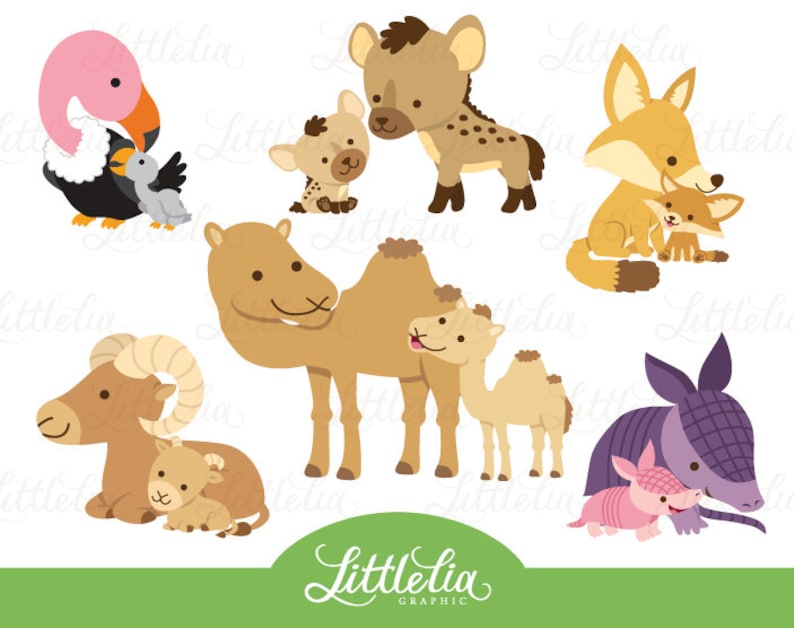 Peut inclure: Un ensemble de 10 illustrations d'animaux mignons repr&eacute;sentant un chameau, une hy&egrave;ne, un renard, un vautour, un b&eacute;lier, un tatou et leurs b&eacute;b&eacute;s. Les animaux sont tous de style cartoon et ont des couleurs vives.
