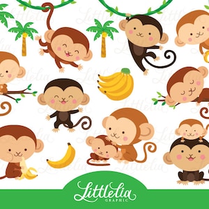 May include: A set of 10 cartoon monkey illustrations with various poses and expressions. The monkeys are brown with white faces and black eyes. Some monkeys are holding bananas, while others are swinging from vines. The illustrations are perfect for creating fun and whimsical designs.