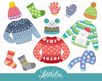 May include: A set of winter-themed illustrations featuring a variety of clothing items, including sweaters, hats, mittens, socks, and a scarf. The illustrations are in a cartoon style and feature a variety of colors and patterns.