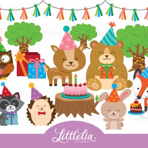 K&ouml;nnte beinhalten: Ein Set mit Waldtier-Illustrationen f&uuml;r eine Geburtstagsparty. Die Tiere umfassen ein Reh, einen B&auml;ren, eine Eule, einen Waschb&auml;ren, einen Igel, einen Fuchs und ein Kaninchen. Jedes Tier tr&auml;gt eine Partym&uuml;tze und h&auml;lt ein Geschenk oder einen Kuchen. Die Illustrationen sind im Cartoon-Stil gehalten und perfekt f&uuml;r eine Wald-Mottoparty.