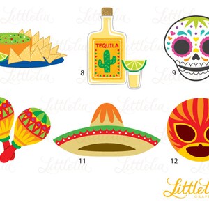 May include: A set of ten colorful illustrations of Mexican fiesta party decorations, including a sombrero, maracas, a bottle of tequila, a skull with flowers, and a plate of nachos with guacamole.