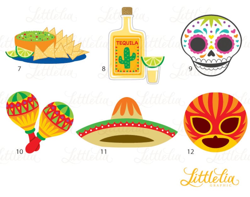 May include: A set of ten colorful illustrations of Mexican fiesta party decorations, including a sombrero, maracas, a bottle of tequila, a skull with flowers, and a plate of nachos with guacamole.