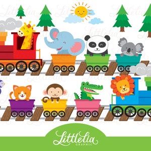 以下が含まれることがあります： 動物の乗客を乗せたカラフルな列車。列車は、黄色の煙突のある青い機関車、キリンの乗った赤い車両、ゾウの乗った黄色の車両、パンダの乗った緑色の車両、コアラの乗った青い車両、猫の乗った紫色の車両、サルが乗った黄色の車両、ワニの乗ったピンク色の車両、ライオンの乗った青い車両で構成されています。列車は、緑の木々と黄色の太陽が背景にある茶色の線路の上を走っています。
