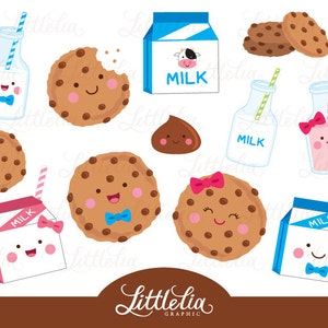Milk and cookies clipart - kawaii food clipart - 16033