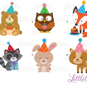 K&ouml;nnte beinhalten: Sechs bunte Illustrationen von Waldtieren, die Partyh&uuml;te tragen. Zu den Tieren geh&ouml;ren ein B&auml;r, eine Eule, ein Fuchs, ein Waschb&auml;r, ein Kaninchen und ein Reh. Jedes Tier h&auml;lt einen Geburtstagsgegenstand wie ein Geschenk, einen Kuchen oder einen Cupcake.