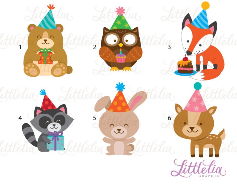K&ouml;nnte beinhalten: Sechs bunte Illustrationen von Waldtieren, die Partyh&uuml;te tragen. Zu den Tieren geh&ouml;ren ein B&auml;r, eine Eule, ein Fuchs, ein Waschb&auml;r, ein Kaninchen und ein Reh. Jedes Tier h&auml;lt einen Geburtstagsgegenstand wie ein Geschenk, einen Kuchen oder einen Cupcake.