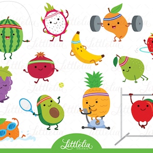 Healthy Fruit kawaii - Workout clipart - 23001 (Including black and white clipart/ line art)