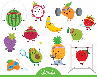 Healthy Fruit kawaii - Workout clipart - 23001 (Including black and white clipart/ line art)