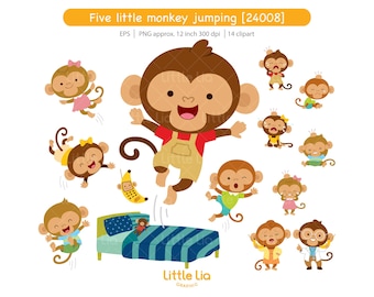 Five little monkey jumping on the bed clipart - 24008 (Including black and white clipart/ line art)