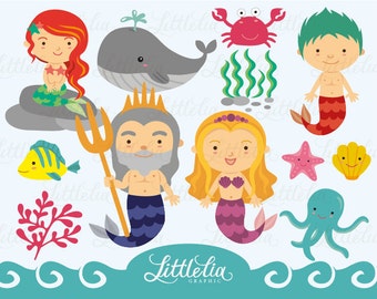 little mermaid family clipart set / instant download - 13014