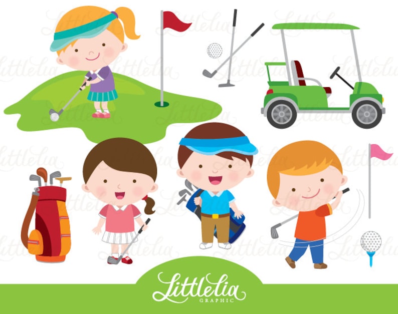 Puede incluir: Un conjunto de ilustraciones de dibujos animados coloridos con ni&ntilde;os jugando al golf. El conjunto incluye una ni&ntilde;a con un sombrero azul y una camisa roja, un ni&ntilde;o con un sombrero azul y una camisa azul, una ni&ntilde;a con una camisa rosa y un ni&ntilde;o con una camisa roja. El conjunto tambi&eacute;n incluye un carro de golf, una bolsa de golf y palos de golf.