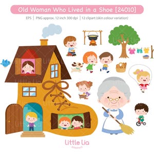 Oude vrouw die in een schoen woonde - kinderliedjes - 24010 (inclusief zwart-wit clipart/lijntekeningen/meerdere huidskleuren)
