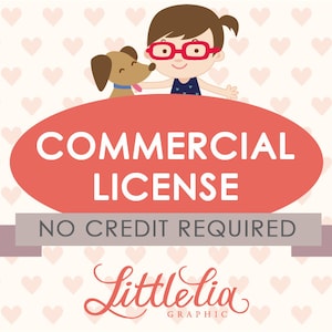 May include: A red oval with the text "COMMERCIAL LICENSE NO CREDIT REQUIRED" and the text "Little Lia GRAPHIC" below. A cartoon girl with glasses and a brown dog are peeking over the top of the oval.