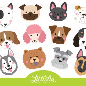 May include: A set of 12 cartoon dog head illustrations. The dogs are all different breeds, including a pug, bulldog, poodle, husky, and schnauzer. The illustrations are in a simple, cartoon style and are perfect for use in a variety of projects.