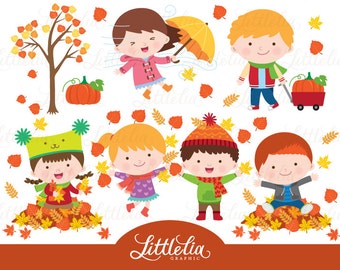 Puede incluir: Un conjunto de clipart colorido de temática otoñal con niños jugando en hojas, una calabaza, un árbol y una sombrilla. El clipart es perfecto para crear manualidades, tarjetas y otros proyectos de temática otoñal.