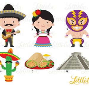 May include: A set of ten colorful illustrations featuring various Mexican cultural elements. The illustrations include a mariachi musician, a woman in a traditional dress, a wrestler, a cactus with maracas, a burrito, and a pyramid.