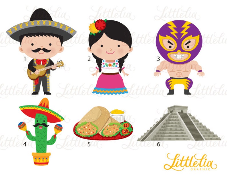 May include: A set of ten colorful illustrations featuring various Mexican cultural elements. The illustrations include a mariachi musician, a woman in a traditional dress, a wrestler, a cactus with maracas, a burrito, and a pyramid.