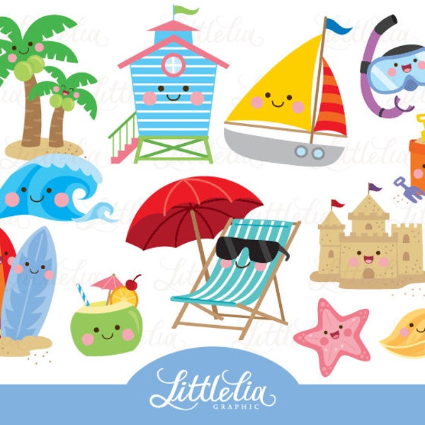 Beach kawaii clipart - summer beach cute clipart - 17022