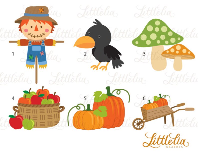 May include: A set of ten fall-themed clip art images, including a scarecrow, a crow, mushrooms, pumpkins, and apples. The images are in a cartoon style and are perfect for use in digital scrapbooking, card making, or other craft projects.