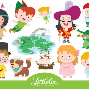 May include: A set of colorful cartoon illustrations featuring characters from Peter Pan and Captain Hook. The characters include Peter Pan, Captain Hook, Tinkerbell, Wendy, John, Michael, and the crocodile. The illustrations are perfect for creating digital or printed products such as greeting cards, invitations, party decorations, and more.