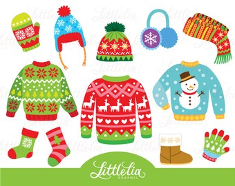 May include: A set of winter clothing and accessories, including a green and red sweater with a snowflake pattern, a red and green sweater with a reindeer pattern, a blue sweater with a snowman, a red and green mitten, a blue and white hat with a pom-pom, a red and green scarf, a pair of blue earmuffs, a pair of red and green socks, a brown boot, and a green and red mitten.