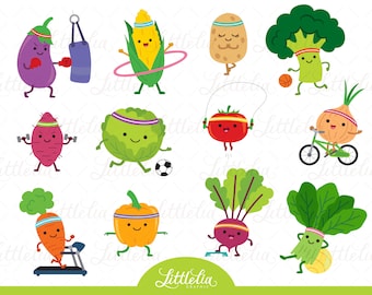 Healthy Vegetables veggies kawaii - Workout clipart - 23002 (Including black and white clipart/ line art)