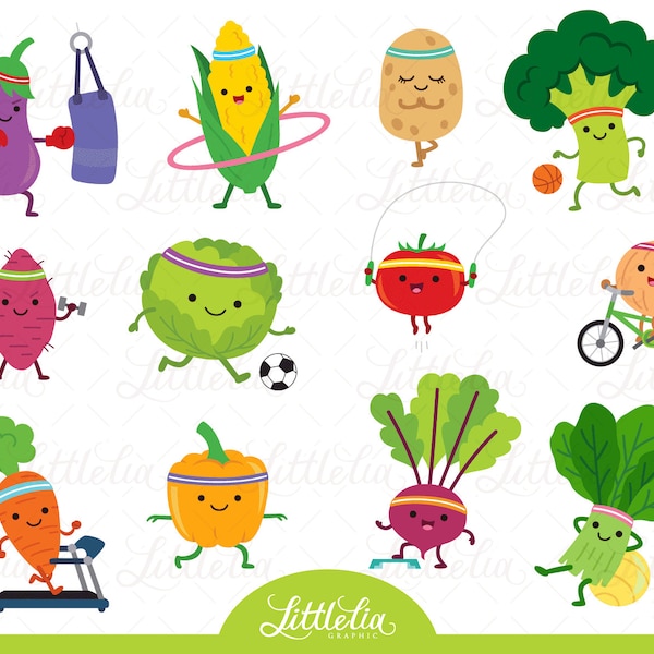 Healthy Vegetables veggies kawaii - Workout clipart - 23002 (Including black and white clipart/ line art)