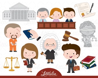May include: A set of cartoon illustrations depicting various aspects of the legal system.  The illustrations include a courthouse, a judge, a lawyer, a defendant, a scale of justice, a gavel, a law book, and a blindfolded figure holding a sword and scales.