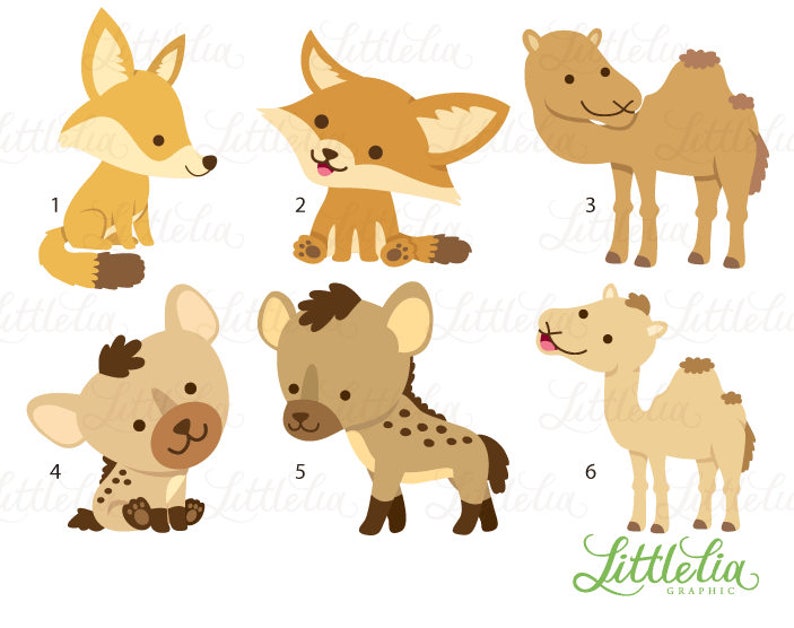 Peut inclure: Ensemble de six illustrations d'animaux de dessin anim&eacute; repr&eacute;sentant un renard, un chameau et une hy&egrave;ne. Les animaux sont dans diff&eacute;rentes poses et sont dessin&eacute;s dans un style simple et color&eacute;.